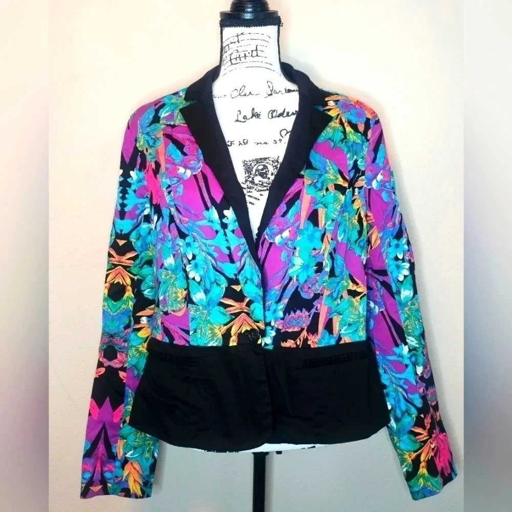 Nicole by Nicole Miller Vibrant Multi-Color Floral Blazer with Black Trim